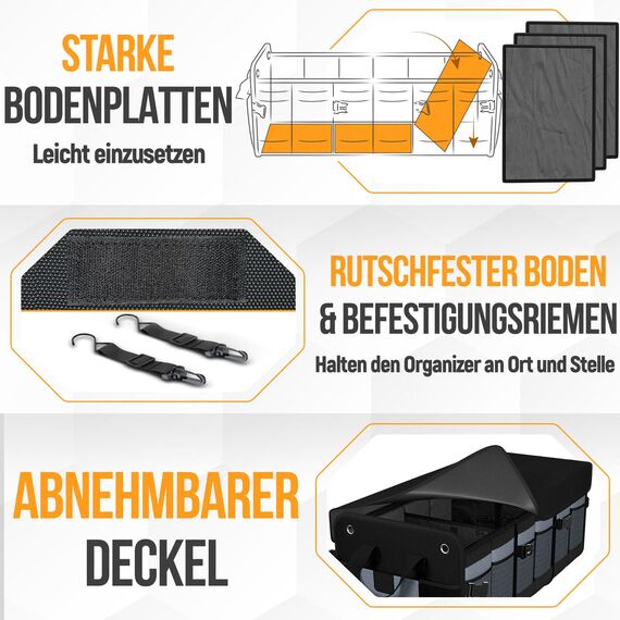 FORTEM Kofferraum Organizer, Kofferraumtasche, Zusammenklappbarer Auto Organizer Kofferraum mit Fächern, Rutschfester Boden, Verstellbare Sicherungsriemen, Klappbarer Deckel (Grau, Extragroß)