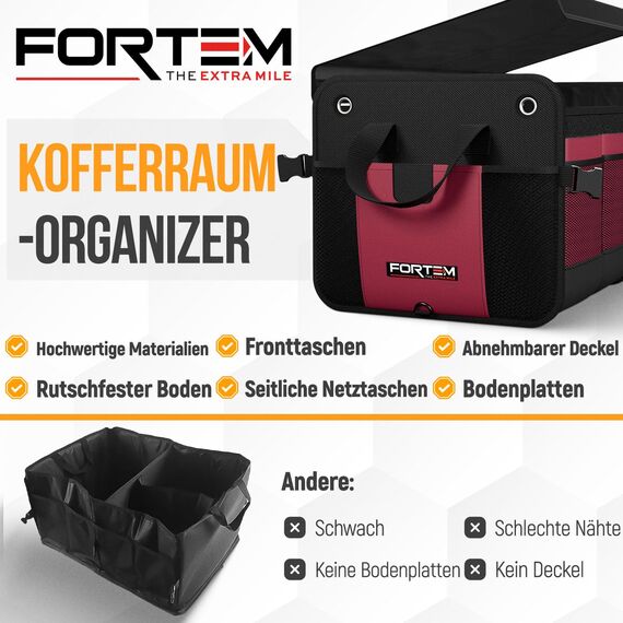 FORTEM Kofferraum Organizer, Kofferraumtasche, Zusammenklappbarer Auto Organizer Kofferraum mit Fächern, Rutschfester Boden, Verstellbare Sicherungsriemen, Klappbarer Deckel (Rot, Extragroß)