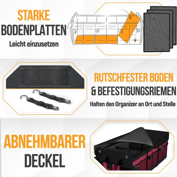 FORTEM Kofferraum Organizer, Kofferraumtasche, Zusammenklappbarer Auto Organizer Kofferraum mit Fächern, Rutschfester Boden, Verstellbare Sicherungsriemen, Klappbarer Deckel (Extragroß mit Kühler)