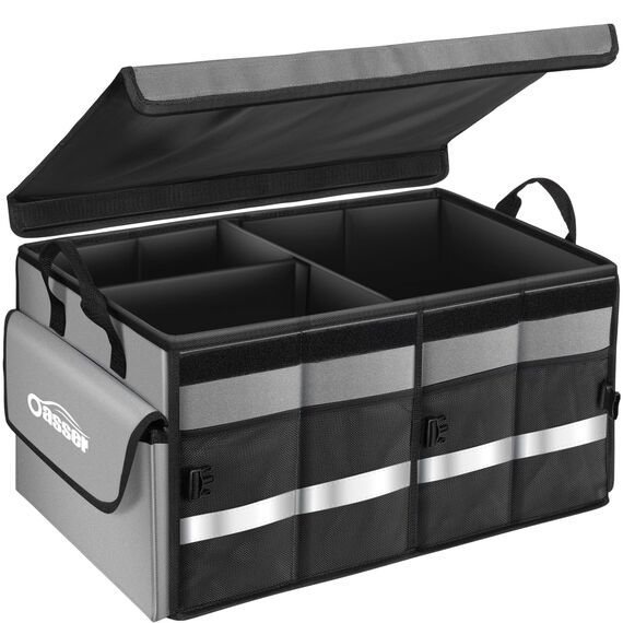 Oasser Kofferraumtasche Kofferraum Organizer mit Deckel Autobox Auto Box Tasche Wasserdicht Rutschfest Faltbar mit Griffe Reflexstreifen Grau