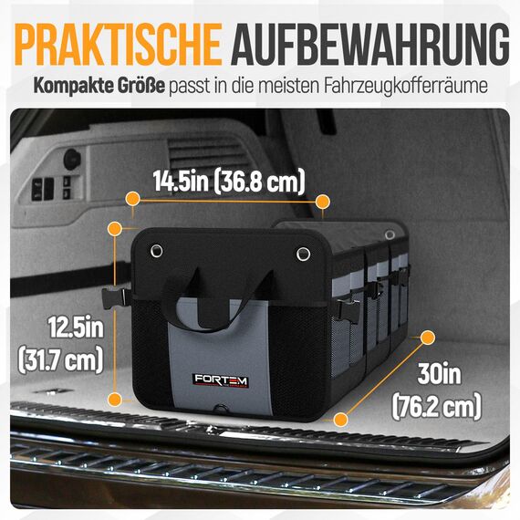 FORTEM Kofferraum Organizer, Kofferraumtasche, Zusammenklappbarer Auto Organizer Kofferraum mit Fächern, Rutschfester Boden, Verstellbare Sicherungsriemen, Klappbarer Deckel (Extragroß mit Kühler)