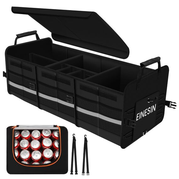 Einesin Extra Großer 88L Kofferraum Organizer und 22L Kühltasche, mit 7 Fächern, auto aufbewahrungsbox, Zusammenklappbarer Auto Organizer Kofferraum mit Fächern und Klappbarer Deckel