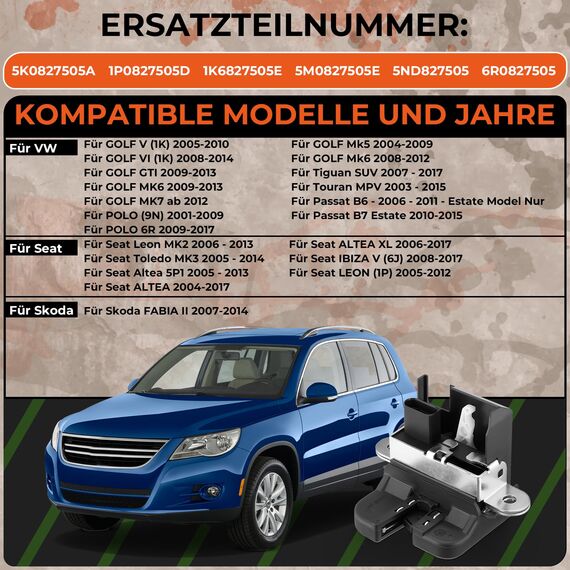 GEAREVER Heckklappenschloss Türschloss Verriegelung Kofferraumschloss für VW GOLF 5 6 GTI Passat NEW POLO TIGUAN Seat Leon ALTEA IBIZA Skoda 6RD827505A 5ND827505 5KD827505