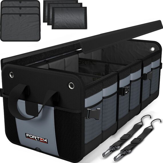 FORTEM Kofferraum Organizer, Kofferraumtasche, Zusammenklappbarer Auto Organizer Kofferraum mit Fächern, Rutschfester Boden, Verstellbare Sicherungsriemen, Klappbarer Deckel (Grau, Extragroß)