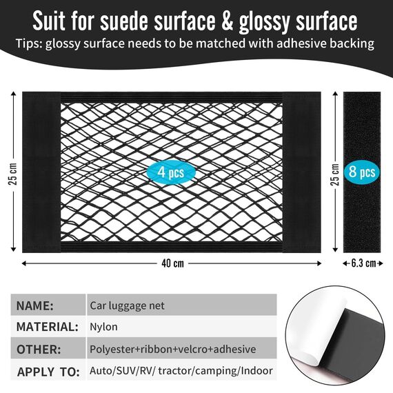 Gepäcknetz Auto, 4 Stück Nylon Kofferraum Netztasche Auto, 40 x 25 cm Universal Kofferraumnetz Schutznetz Elastisch, Mit Selbstklebender Rückseite, für Wildleder und glänzende Oberflächen Geeignet