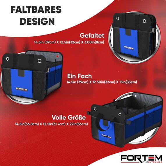 FORTEM Kofferraum Organizer, Kofferraumtasche, Zusammenklappbarer Auto Organizer Kofferraum mit Fächern, Rutschfester Boden, Verstellbare Sicherungsriemen, Klappbarer Deckel (Standard, Blau)