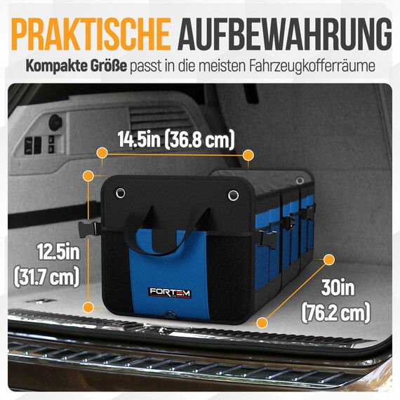 FORTEM Kofferraum Organizer, Kofferraumtasche, Zusammenklappbarer Auto Organizer Kofferraum mit Fächern, Rutschfester Boden, Verstellbare Sicherungsriemen, Klappbarer Deckel (Blau, Extragroß)