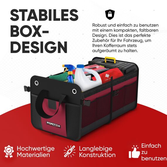 FORTEM Kofferraum Organizer, Kofferraumtasche, Zusammenklappbarer Auto Organizer Kofferraum mit Fächern, Rutschfester Boden, Verstellbare Sicherungsriemen, Klappbarer Deckel (Standard, Rot)