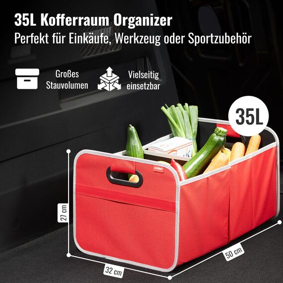 achilles Auto Kofferraum Organizer XL – Kofferraumtasche XL mit viel Stauraum – Geräumige & Pflegeleichte Faltbox – Auto Zubehör Innenraum Organizer – Stabiler Boden & Tragegriff – Rot