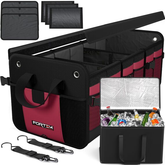FORTEM Kofferraum Organizer, Kofferraumtasche, Zusammenklappbarer Auto Organizer Kofferraum mit Fächern, Rutschfester Boden, Verstellbare Sicherungsriemen, Klappbarer Deckel (Extragroß mit Kühler)