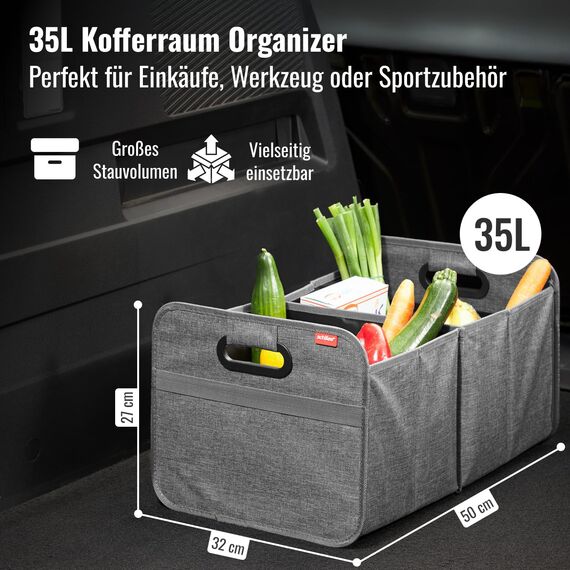 achilles Auto Kofferraum Organizer XL – Kofferraumtasche XL mit viel Stauraum – Geräumige & Pflegeleichte Faltbox – Auto Zubehör Innenraum Organizer – Stabiler Boden & Tragegriff – Grau