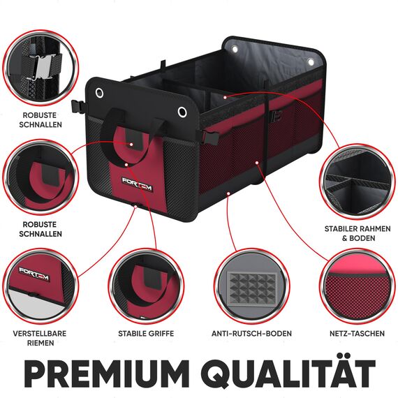 FORTEM Kofferraum Organizer, Kofferraumtasche, Zusammenklappbarer Auto Organizer Kofferraum mit Fächern, Rutschfester Boden, Verstellbare Sicherungsriemen, Klappbarer Deckel (Standard, Rot)