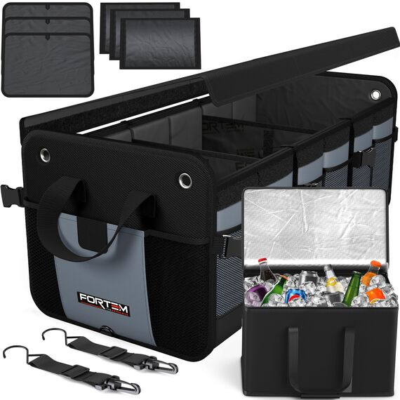 FORTEM Kofferraum Organizer, Kofferraumtasche, Zusammenklappbarer Auto Organizer Kofferraum mit Fächern, Rutschfester Boden, Verstellbare Sicherungsriemen, Klappbarer Deckel (Extragroß mit Kühler)