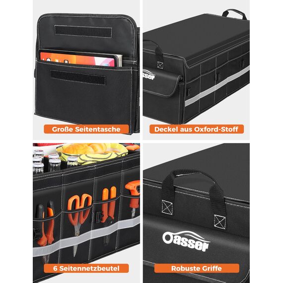 Oasser Kofferraum Organizer faltbar 75L mit weichen Deckel 4 Fächer Auto Organizer 30kg Tragkraft vielseitig einsetzbar extra groß Schwarz