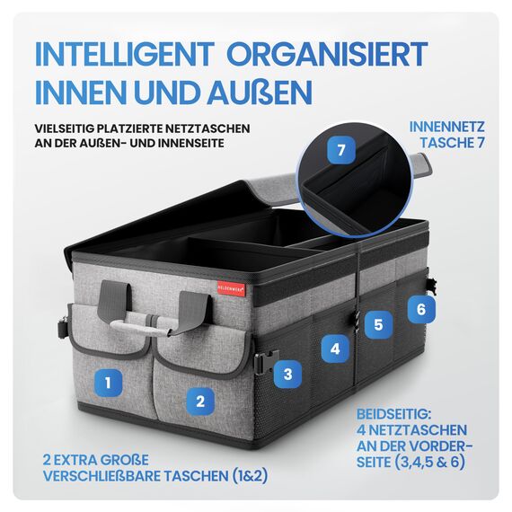 HELDENWERK Premium Kofferraum-Organizer mit Deckel stabil & rutschfest - Faltbare Auto Kofferraumtasche groß mit doppelten Böden - Kofferraumbox, Kofferraumorganizer Box