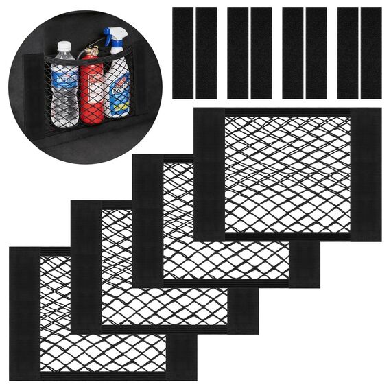 Gepäcknetz Auto, 4 Stück Nylon Kofferraum Netztasche Auto, 30 x 25 cm Universal Kofferraumnetz Schutznetz Elastisch, Mit Selbstklebender Rückseite, für Wildleder und glänzende Oberflächen Geeignet