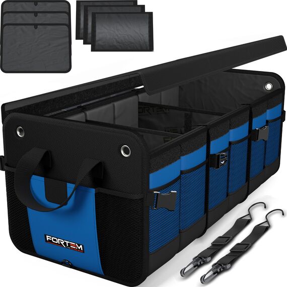 FORTEM Kofferraum Organizer, Kofferraumtasche, Zusammenklappbarer Auto Organizer Kofferraum mit Fächern, Rutschfester Boden, Verstellbare Sicherungsriemen, Klappbarer Deckel (Blau, Extragroß)