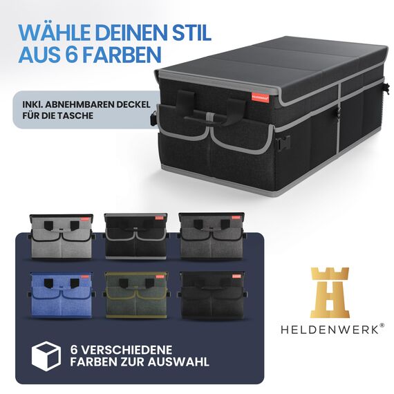 HELDENWERK Premium Kofferraum-Organizer mit Deckel stabil & rutschfest - Faltbare Auto Kofferraumtasche groß mit doppelten Böden - Kofferraumbox, Kofferraumorganizer Box