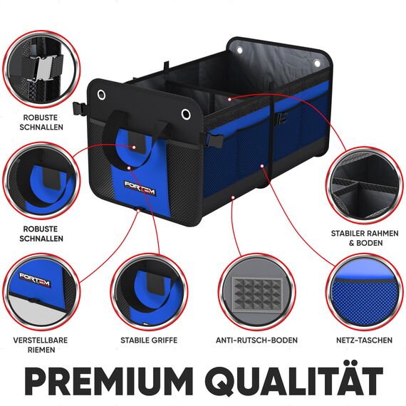 FORTEM Kofferraum Organizer, Kofferraumtasche, Zusammenklappbarer Auto Organizer Kofferraum mit Fächern, Rutschfester Boden, Verstellbare Sicherungsriemen, Klappbarer Deckel (Standard, Blau)