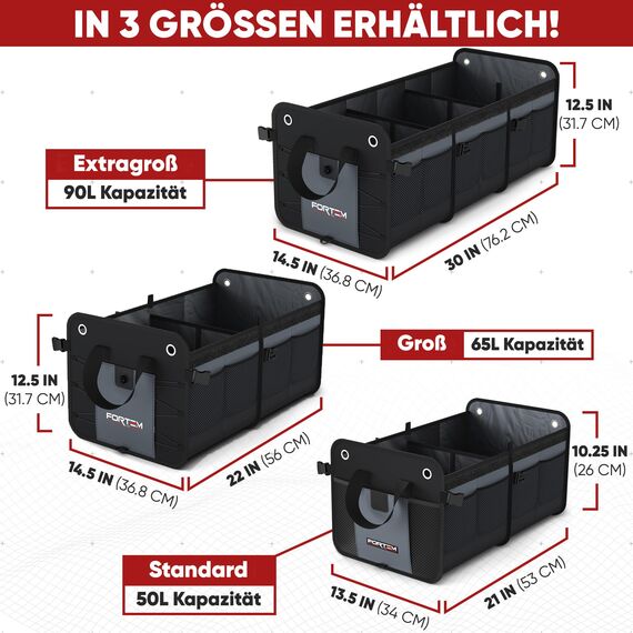 FORTEM Kofferraum Organizer, Kofferraumtasche, Zusammenklappbarer Auto Organizer Kofferraum mit Fächern, Rutschfester Boden, Verstellbare Sicherungsriemen, Klappbarer Deckel (Standard, Rot)