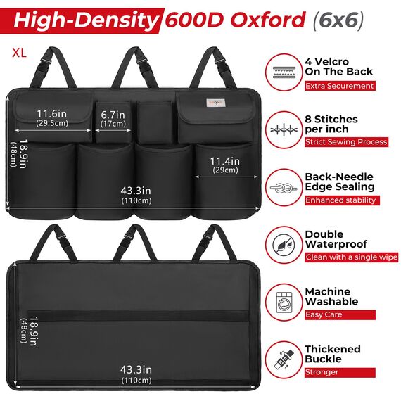 SURDOCA Kofferraum-Organizer, großes Fassungsvermögen (109,2 x 48,3 cm), Auto-Organizer und Stauraum mit 8 Taschen, verbesserte Kofferraumaufbewahrung für Auto, SUV, LKW, MPV