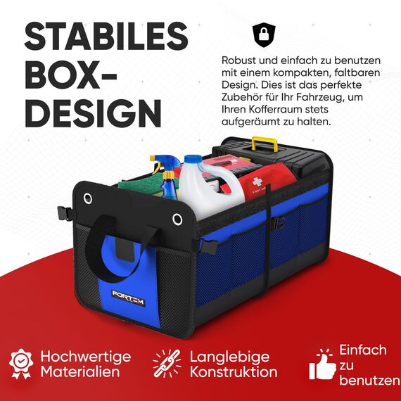 FORTEM Kofferraum Organizer, Kofferraumtasche, Zusammenklappbarer Auto Organizer Kofferraum mit Fächern, Rutschfester Boden, Verstellbare Sicherungsriemen, Klappbarer Deckel (Standard, Blau)