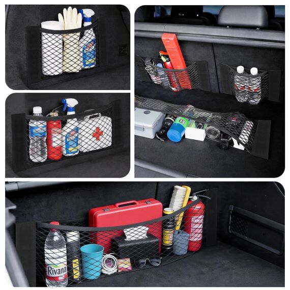 Gepäcknetz Auto, 2 Stück Nylon Kofferraum Netztasche Auto, 60 x 25 cm Universal Kofferraumnetz Schutznetz Elastisch, Mit Selbstklebender Rückseite, für Wildleder und glänzende Oberflächen Geeignet