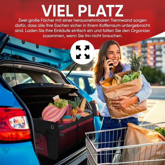 FORTEM Kofferraum Organizer, Kofferraumtasche, Zusammenklappbarer Auto Organizer Kofferraum mit Fächern, Rutschfester Boden, Verstellbare Sicherungsriemen, Klappbarer Deckel (Standard, Rot)