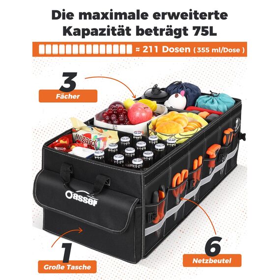 Oasser Kofferraum Organizer faltbar 75L mit weichen Deckel 4 Fächer Auto Organizer 30kg Tragkraft vielseitig einsetzbar extra groß Schwarz