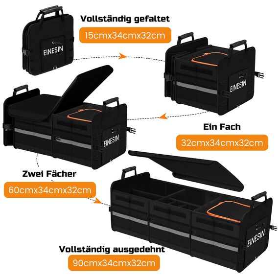 Einesin Extra Großer 88L Kofferraum Organizer und 22L Kühltasche, mit 7 Fächern, auto aufbewahrungsbox, Zusammenklappbarer Auto Organizer Kofferraum mit Fächern und Klappbarer Deckel