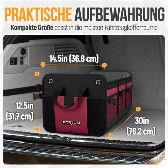FORTEM Kofferraum Organizer, Kofferraumtasche, Zusammenklappbarer Auto Organizer Kofferraum mit Fächern, Rutschfester Boden, Verstellbare Sicherungsriemen, Klappbarer Deckel (Rot, Extragroß)