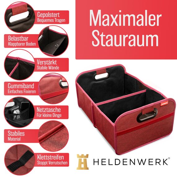 HELDENWERK Kofferraumtasche faltbar mit Anti-Rutsch-Klett - Kofferraum-Organizer, Auto Faltbox, Einkaufstasche - verstärkt und stabil