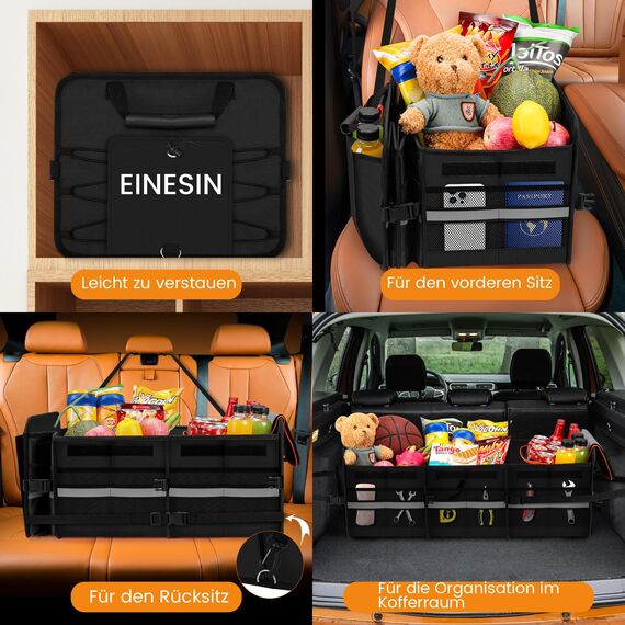 Einesin Extra Großer 88L Kofferraum Organizer und 22L Kühltasche, mit 7 Fächern, auto aufbewahrungsbox, Zusammenklappbarer Auto Organizer Kofferraum mit Fächern und Klappbarer Deckel