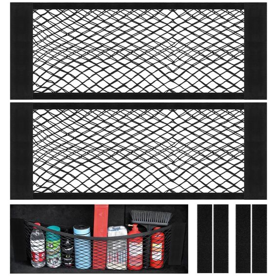 Gepäcknetz Auto, 2 Stück Nylon Kofferraum Netztasche Auto, 60 x 25 cm Universal Kofferraumnetz Schutznetz Elastisch, Mit Selbstklebender Rückseite, für Wildleder und glänzende Oberflächen Geeignet