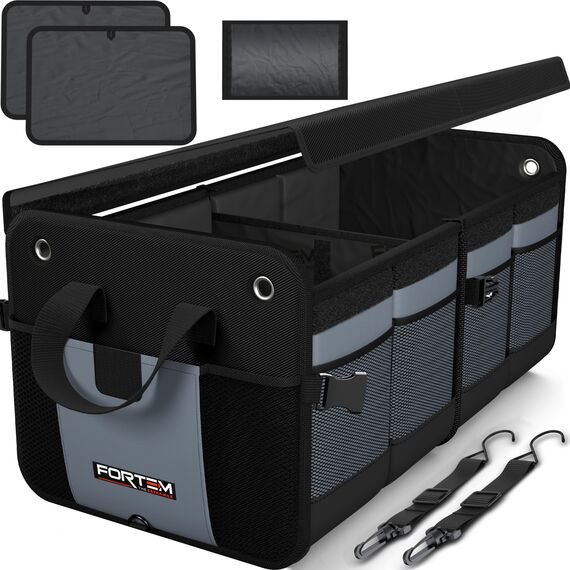 FORTEM Kofferraum Organizer, Kofferraumtasche, Zusammenklappbarer Auto Organizer Kofferraum mit Fächern, Rutschfester Boden, Verstellbare Sicherungsriemen, Klappbarer Deckel (Grau, Groß)