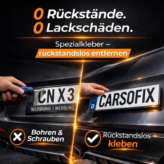 CARSOFIX© Kennzeichenhalter Rahmenlos mit bombenfestem Halt - Nummernschildhalterung für jedes Auto - unsichtbare Nummernschildhalter mit Klett – extrem stark und wetterfest