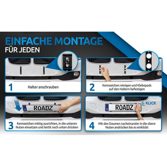 ROADZ® Kennzeichenhalter Rahmenlos - [unsichtbar & legal] - Sicherung für bombenfesten Halt - Set für 2 Kennzeichen - werbefrei - Nummernschildhalter - rahmenlose Kennzeichenhalter Auto
