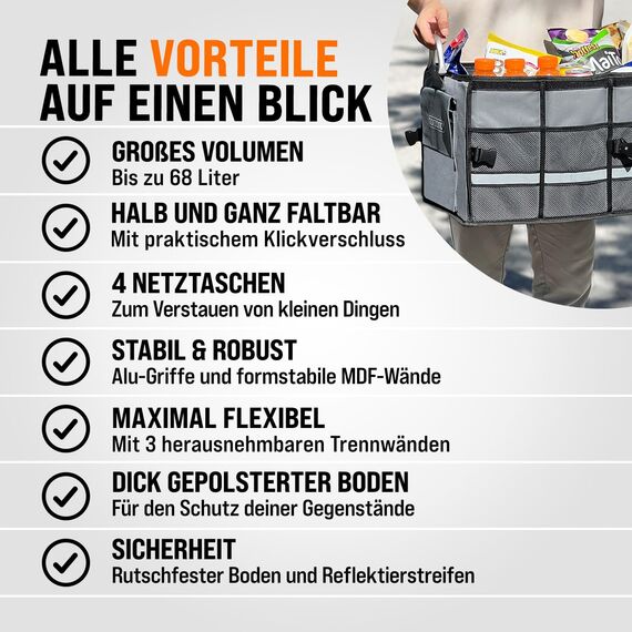 MONZANA® Kofferraum Organizer Deckel 68L Trennwände Wasserdicht Faltbar Verstärkte Wände rutschfest Kofferraumtasche Kofferraumbox Autotasche Grau