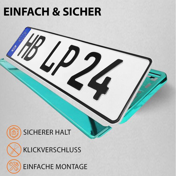 Kennzeichenhalter Nummernschildhalterung Auto Türkis Chrom universell 520x110mm inkl. 8 Schrauben Kennzeichenhalterung Nummernschildhalter pkw 2 Stück