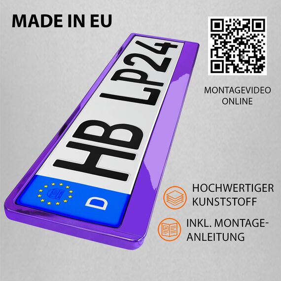 Kennzeichenhalter Nummernschildhalterung Auto Violett Chrom universell 520x110mm inkl. 8 Schrauben Kennzeichenhalterung Nummernschildhalter pkw 2 Stück