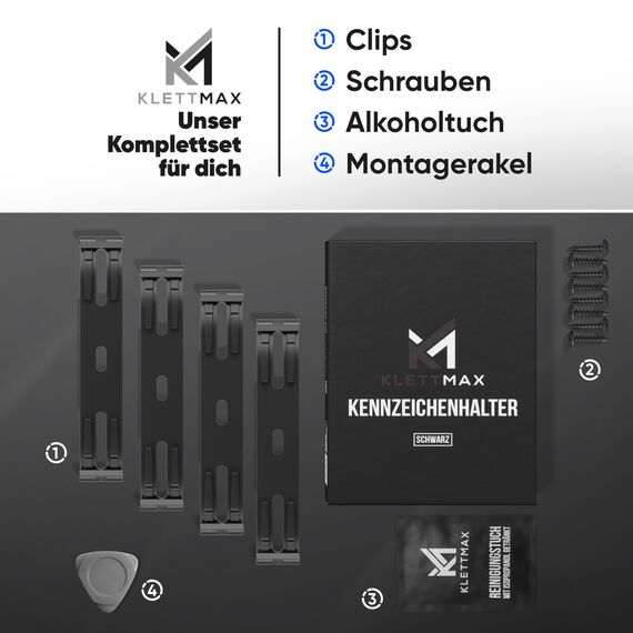 KLETTMAX® ORIGINAL - Rahmenlose Clip Kennzeichenhalter - Nummernschildhalter - unsichtbar und wetterfest - Nummernschildhalterung für jedes KFZ - Nur für Deutschland! (Schwarz für 3D Kennezichen)