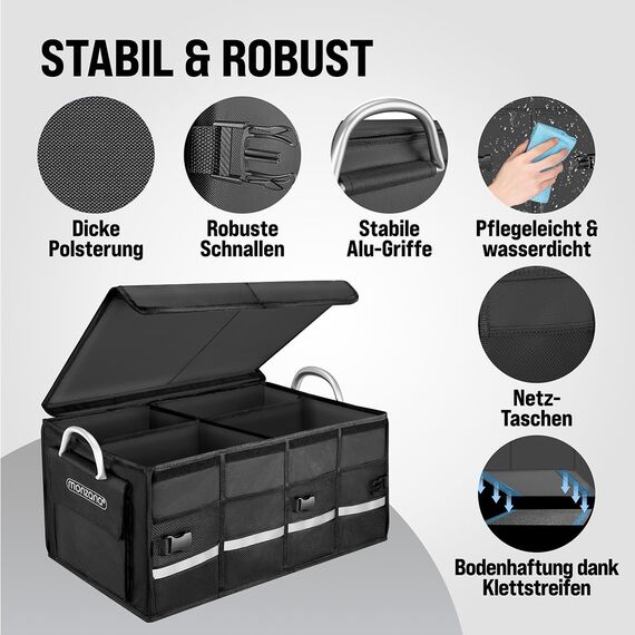 MONZANA® Kofferraum Organizer Deckel 68L Trennwände Wasserdicht Faltbar Verstärkte Wände rutschfest Kofferraumtasche Kofferraumbox Autotasche Schwarz