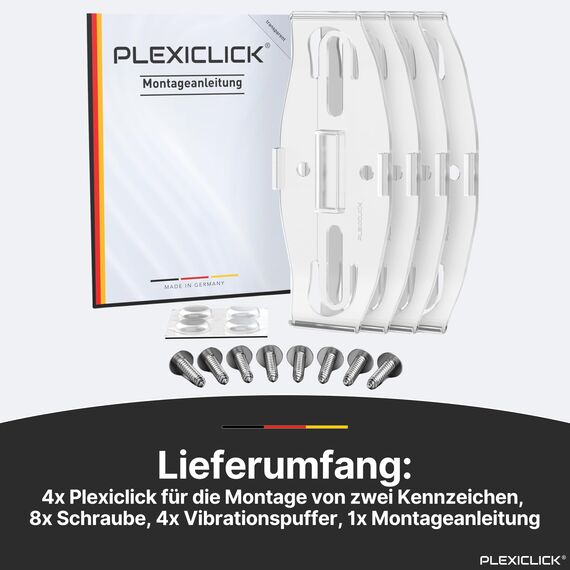 PLEXICLICK® Kennzeichenhalter 4X - TÜV Zertifiziert - Kennzeichenhalter Rahmenlos Transparent - Nummernschildhalterung Auto - Kennzeichenhalterung - Nummernschildhalter - Kfz Kennzeichen Halterung