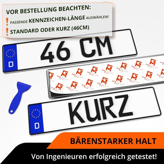 GENMAG® Klett Kennzeichenhalter Rahmenlos 460mm [Extra-Stark & Legal] Kurze Kennzeichenhalter Klett | Wetterfeste Nummernschildhalter | Kennzeichen Klett | Rahmenlose Kennzeichenhalter Kurz 46 cm
