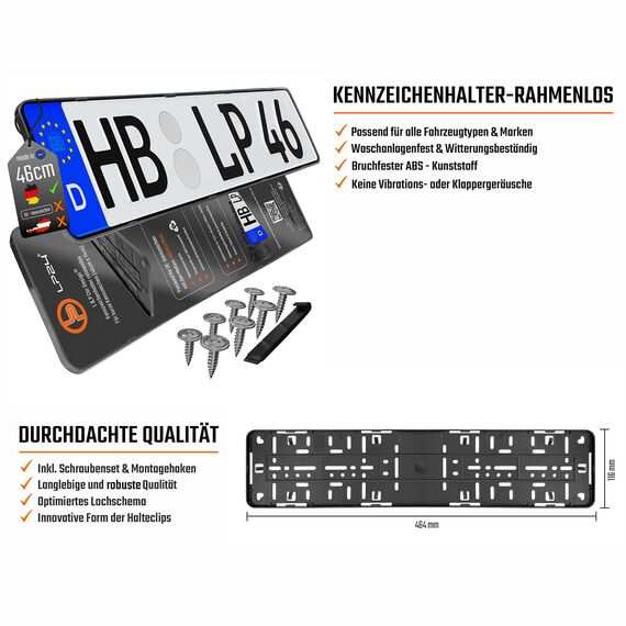 Kennzeichenhalter Rahmenlos Nummernschildhalterung 460x110mm inkl. 8 Schrauben [dezent & sicher] rahmenlose Kennzeichenhalterung Auto Nummernschildhalter Kennzeichen Halterung pkw schwarz 2 Stück