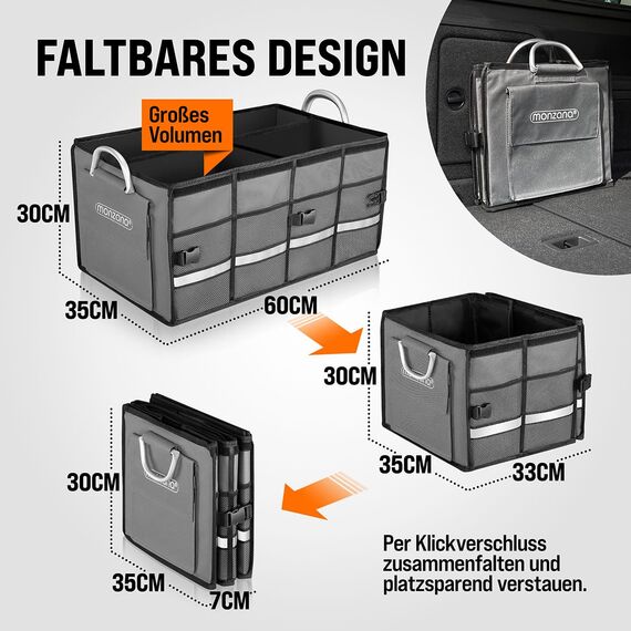MONZANA® Kofferraum Organizer Deckel 68L Trennwände Wasserdicht Faltbar Verstärkte Wände rutschfest Kofferraumtasche Kofferraumbox Autotasche Grau