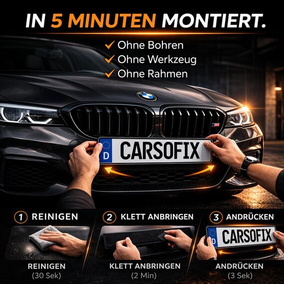 CARSOFIX© Kennzeichenhalter Rahmenlos mit bombenfestem Halt - Nummernschildhalterung für jedes Auto - unsichtbare Nummernschildhalter mit Klett – extrem stark und wetterfest