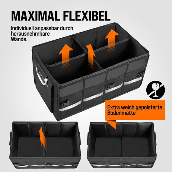 MONZANA® Kofferraum Organizer Deckel 68L Trennwände Wasserdicht Faltbar Verstärkte Wände rutschfest Kofferraumtasche Kofferraumbox Autotasche Schwarz