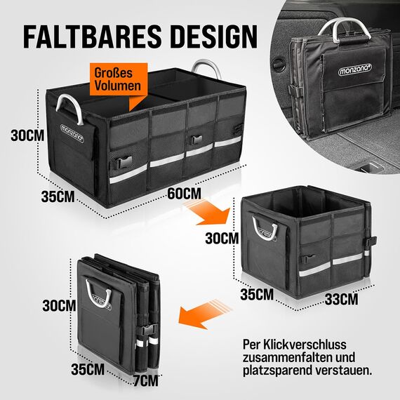 MONZANA® Kofferraum Organizer Deckel 68L Trennwände Wasserdicht Faltbar Verstärkte Wände rutschfest Kofferraumtasche Kofferraumbox Autotasche Schwarz