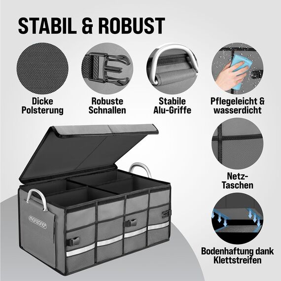 MONZANA® Kofferraum Organizer Deckel 68L Trennwände Wasserdicht Faltbar Verstärkte Wände rutschfest Kofferraumtasche Kofferraumbox Autotasche Grau
